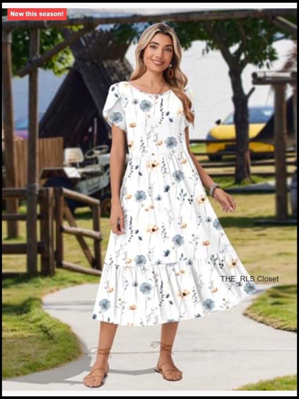Summer Midi A Line Dress Short Sleeve Casual Flowy Tiered Beach Sundress with - Picture 2 of 7